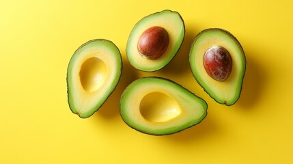 Vibrant halved avocados displayed against a bright yellow background for a fresh look