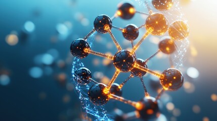 Close-up Abstract Rende of a Glowing Molecular Structure with Orange Bonds Connecting Dark Atoms on a Blurred Teal and Blue Background