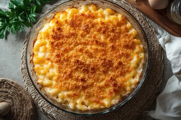 Golden baked macaroni and cheese in a glass baking dish, overhead view. Use for recipe blogs, menu designs, or comfort food promotional materials.