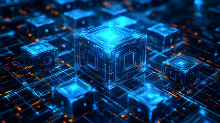 Abstract Futuristic Technology Design Cubes Glowing Blue Orange Light