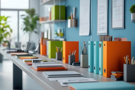 A modern office setup with a long table featuring color-coordinated files, technical drawings, and small office decor pieces