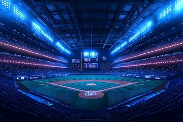 Night Baseball Stadium Illuminated Arena with Crowd and Scoreboard.