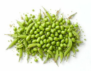 Pile of Fresh Green Pigeon Peas and Pods on White Background