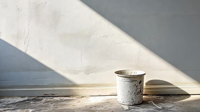 Sunlight streams through a window, casting a sharp shadow over a dirty bucket in an empty room with a textured wall