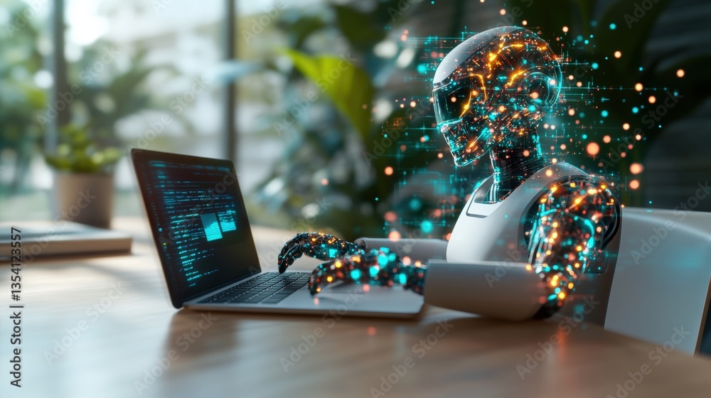 Poster a futuristic translucent robot works at a sleek desk using a laptop displaying code with glowing par