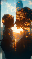 Silhouetted Double Exposure of Parent and Child Reflecting Nature at Sunset