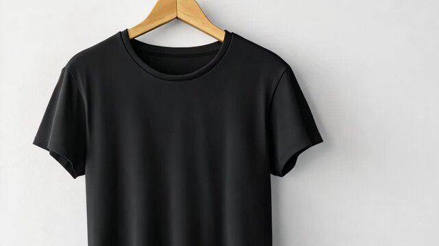 A plain black t shirt is displayed hanging on a wooden hanger against a white wall in a simple and clean environment