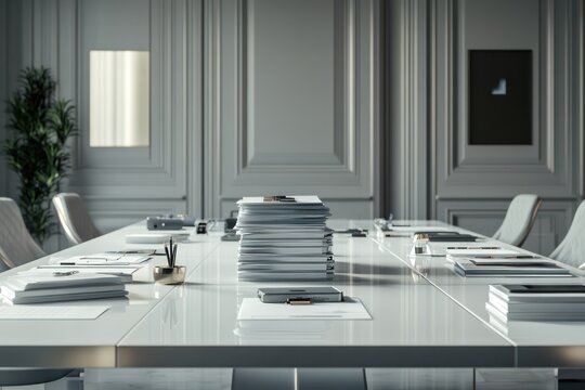 A polished boardroom table with stacks of reports, small tech gadgets, and subtle decor accents in a professional setup