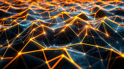 Abstract Glowing Network Design With Orange And Blue Lines On Black Background