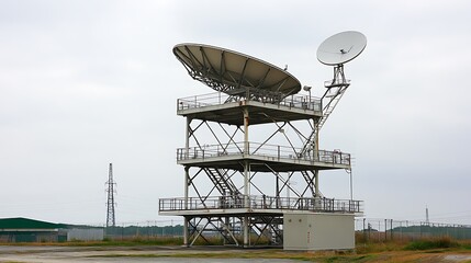 A multi tiered communications tower with large satellite dishes