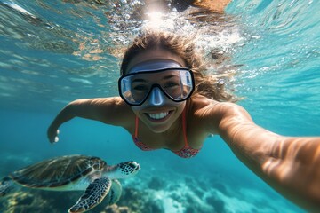 Fototapeta premium Many tropical fish swim next to her. A attractive and sexy happy black young woman with blond hair with a happy face snorkeling among the corals. Bright commercial style image.