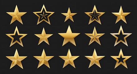 A collection of golden 3D stars in various styles and designs, displayed on a dark background. 