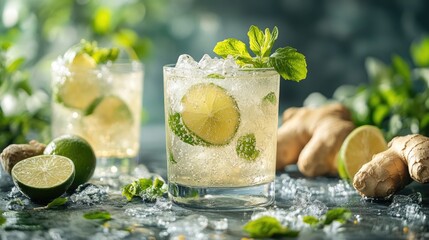 Refreshing Delight: Two glasses of a sparkling cocktail sit side-by-side amidst fresh limes, mint, and ginger, promising a tantalizing mix of flavors and a cool, rejuvenating experience.
