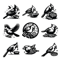 Cardinal bird eating vector silhouette logo icon set clipart in black & white