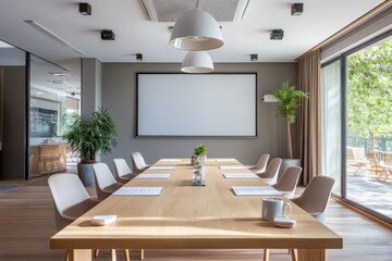 Fototapeta premium A professional meeting room with a clean light wood table, simple chairs, and a projector screen with bright natural lighting