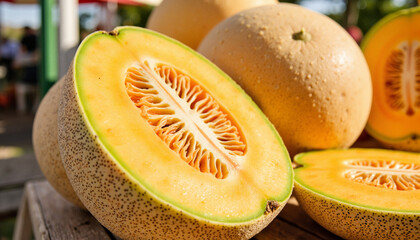 Close-up of ripe cantaloupe at farmer's market, summer freshness