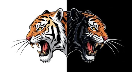A split image of two roaring tigers facing opposite directions—one in normal orange coloration, the other in a black panther style.