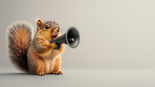 A fluffy-tailed squirrel holds a black mehone shouting loudly while sitting upright against a simple and plain gray backdrop creating a fun scene.