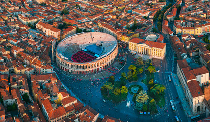 The Verona Arena, aerial view of Roman amphitheatre in Piazza Bra, Palazzo Barbieri and The statue of Victor Emmanuel II