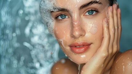 Close-Up of a Woman in a Bath with Water and Foam on Her Face
