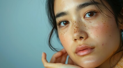 Young woman with freckles and natural beauty posing against soft background