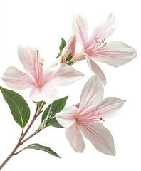 Fototapeta premium Delicate pink Bauhinia flowers with green leaves on white background