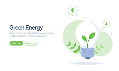 The sustainability concept is portrayed with a plant growing inside a lightbulb, ideal for ecofriendly, renewable energy, and green technology themes.