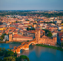 Verona, old medieval gothic Castle and the Castelvecchio Bridge, Adige River