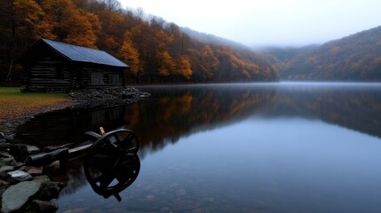 Rustic cabin by a tranquil autumn lake