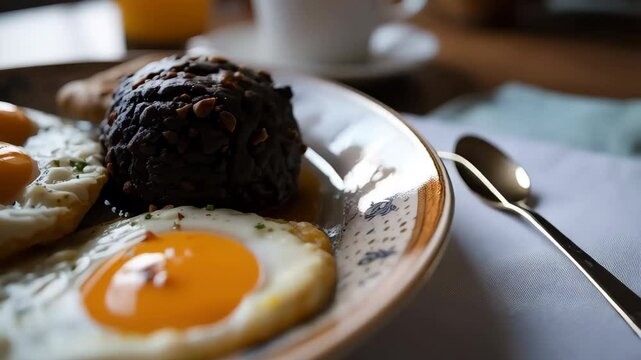Delicious Sunny Side Up Eggs Breakfast Meal with Black Pudding and Toast