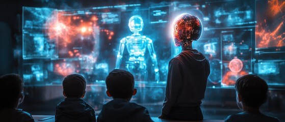 Humanoid AI Teaching Children in a Futuristic Classroom Environment