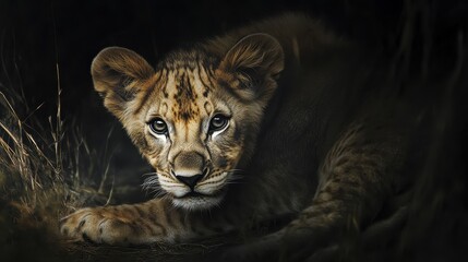 Obraz premium lion cub in the dark