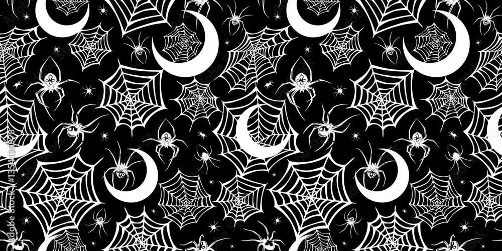 Canvas Prints seamless illustration of web and spiders and crescents. white elements on black background