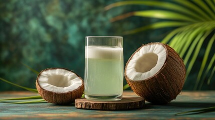 Tropical Refreshment: A refreshing glass of coconut water, flanked by two halves of fresh coconuts, invites you to savor the essence of tropical paradise.