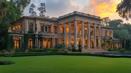 Naklejka premium Grand Estate Mansion at Sunset, lush landscaping