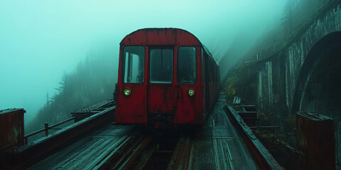 Obraz premium Charming vintage funicular travels through misty mountains and lush green landscapes. Header banner mockup with copy space.