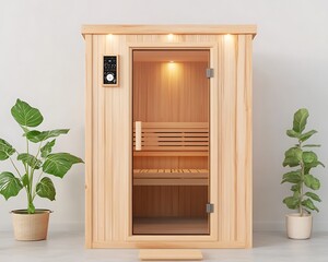 A modern wooden sauna with glass door and control panel shown