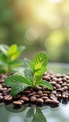 Fototapeta premium Fresh mint leaves resting on coffee beans with sunlit background
