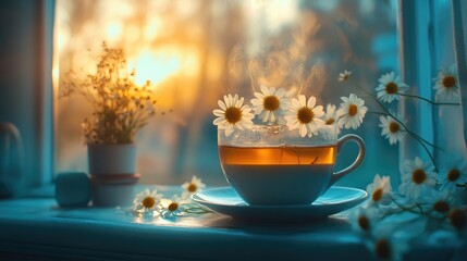 Aromatic Serenity: a cup of tea and chamomile flower on a window. Soft light creates a soothing mood 