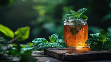 Mint Infusion: A refreshing mint infusion is showcased, garnished with fresh mint leaves, capturing a moment of pure refreshment and natural goodness.