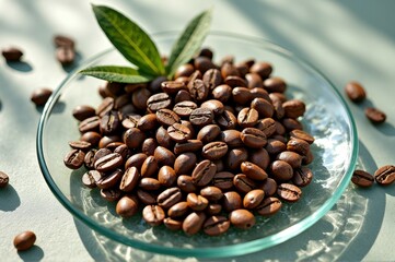 Fototapeta premium Fresh roasted coffee beans with green leaf on glass plate in natural light