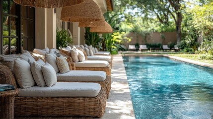 Tranquil Poolside Loungers in Lush Garden Oasis