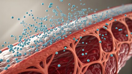 Microplastic pollution concept. 3D rendering of a blood vessel highlighting cellular structures and fluid dynamics.