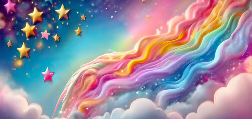 Fototapeta premium Rainbow pastel unicorn candy watercolor on paper abstract background. Abstract rainbow background with clouds and stars in the sky. Rainbow pastel unicorn candy watercolor on paper background.