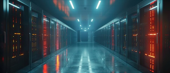 Futuristic Data Center Aisle with Glowing Server Racks and Neon Lights