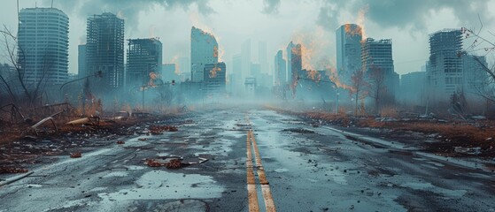 Apocalyptic Urban Landscape with Burning Buildings and Desolate Roadway