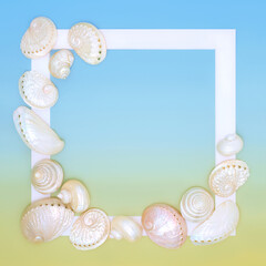 Mother of pearl sea shell background with white frame on gradient blue, yellow. Abalone, troca and...