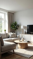 Fototapeta premium Stylish scandinavian living room interior with neutral color palette and natural light, neutral, interior, living room