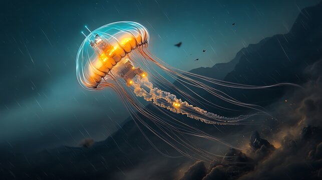 Bio-luminescent Jellyfish Ship for Mountain Night.