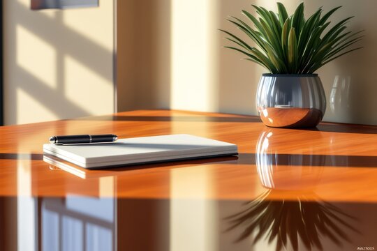A simple desk setup with a polished surface, a ballpoint pen, a notebook, and a small planter on the corner